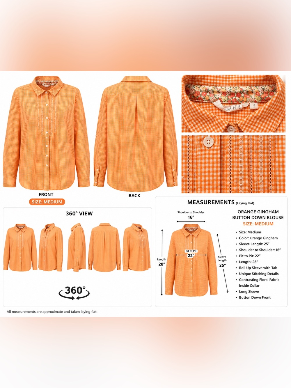 EUC - Vintage Uncommon Threads J.Jill Women's Orange Gingham Button-Down Shirt M